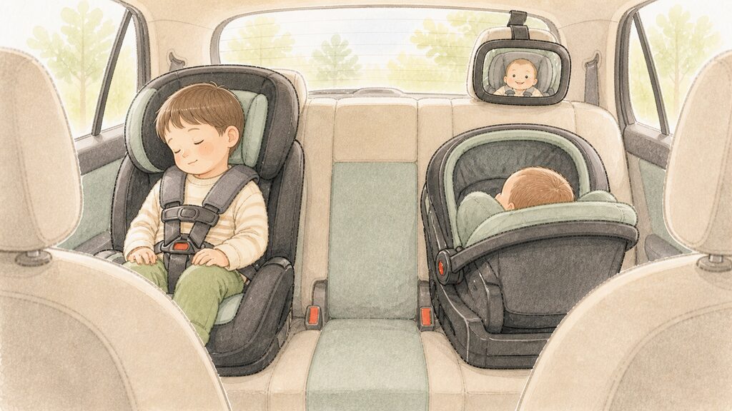後部座席で眠る上の子と、チャイルドシートに乗る赤ちゃんの車内イラスト